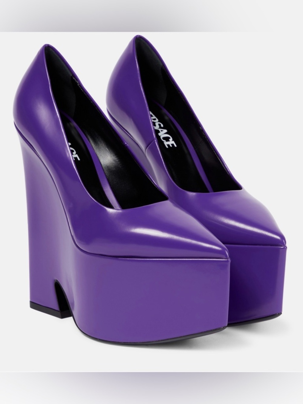 Versace Leather Templest Platform Wedge Pumps in Dark Orchid